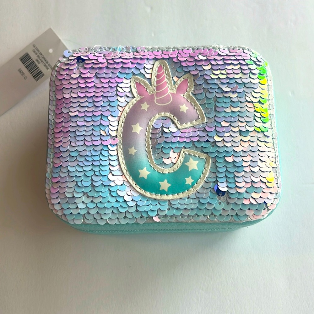 Brand New Justice Initial C Unicorn Small Jewelry Box‎ w/Reversible Sequin